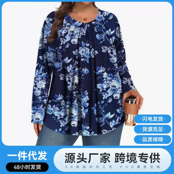 2025外贸亚马逊跨境新款圆领长袖套头大码花卉3D印花女式上衣T恤