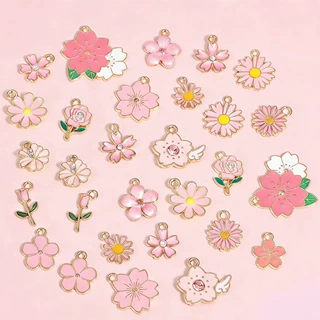 混30个滴油粉色花diy韩版饰品配件钥匙扣合金小挂件手链项链吊坠
