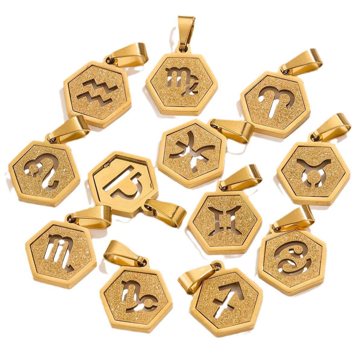 Hexagonal cuadrado europeo y americano arena de prensado de acero inoxidable 18K 12 colgante de constelación diseño de personalidad joyería DIY popular