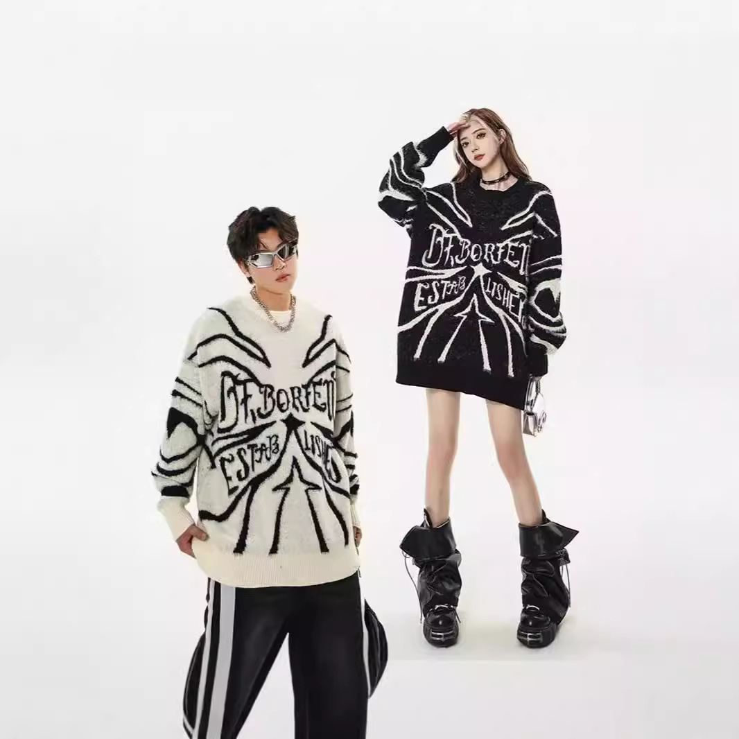 Men's Clothing autumn and winter letters irregular pattern round neck sweater men and women retro loose sweater wholesale_voghion.com