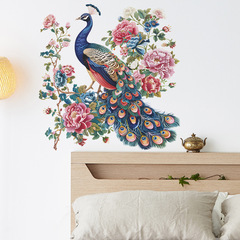 外貿浪漫牡丹花朵孔雀臥室客廳玄關家居裝飾牆貼貼紙自粘批發跨境