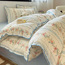 简约ins少女田园素描花三角针牛奶绒四件套冬天加厚珊瑚绒三件套4