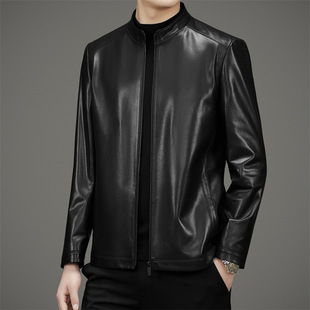 Haining Genuine Leather Coat Spring and Autumn New Middle-aged Men's Collar Top Layer Goat Leather Jacket Casual Biker Coat