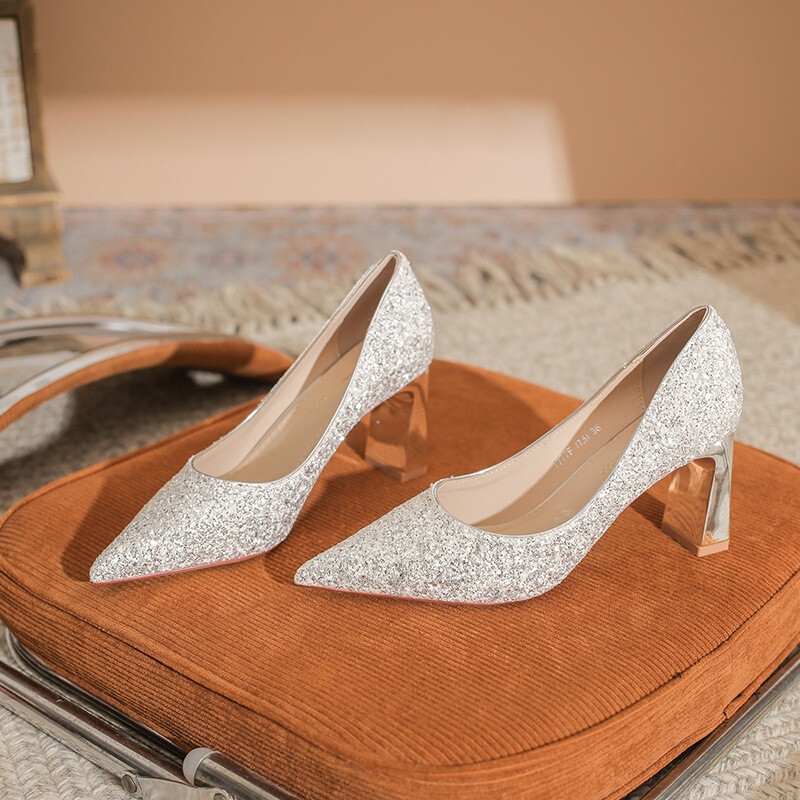 7777F French Style High Heels Women's Small Size Sequined Silver Fine Glitter Fairy Shoes Gentle Flats Thick Heels