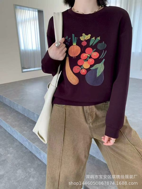 琪镌绘制秋季新款宽松休闲卫衣花卉印花女装圆领百搭卫衣运动上衣|undefined