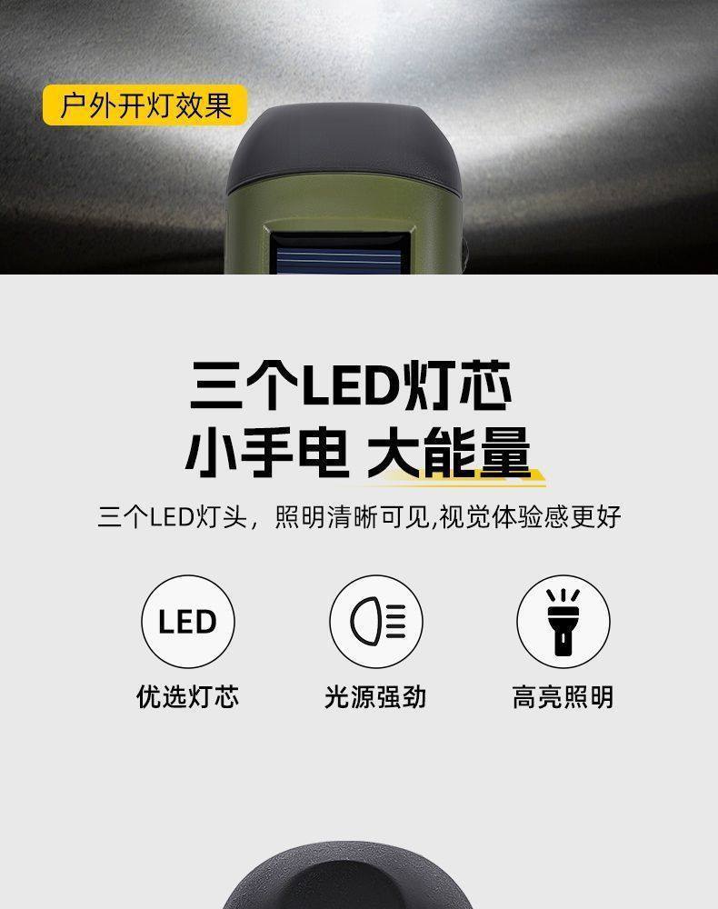 War Preparedness and Emergency Multifunctional Solar-Powered Hand-Cranked Flashlight with Strong Light, Rechargeable Outdoor Disaster Prevention Emergency Lighting