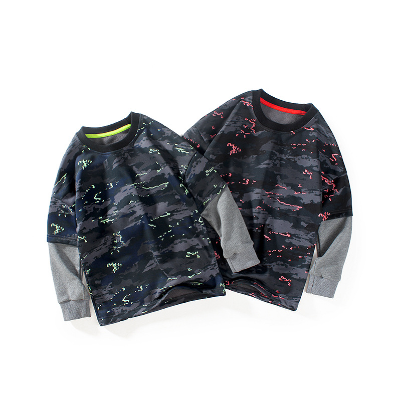 2021秋冬季新款韩版中大童长袖卫衣 男童迷彩假两件上衣t儿童长袖|ru