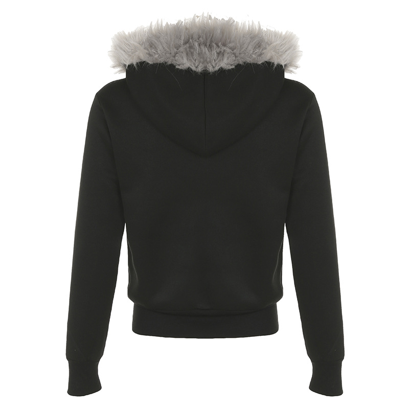 Retro Five Pointed Star Element Printing Fur Collar Coat Slim Pocket Stitching Double Headed Zipper Autumn Winter Sweatshirt