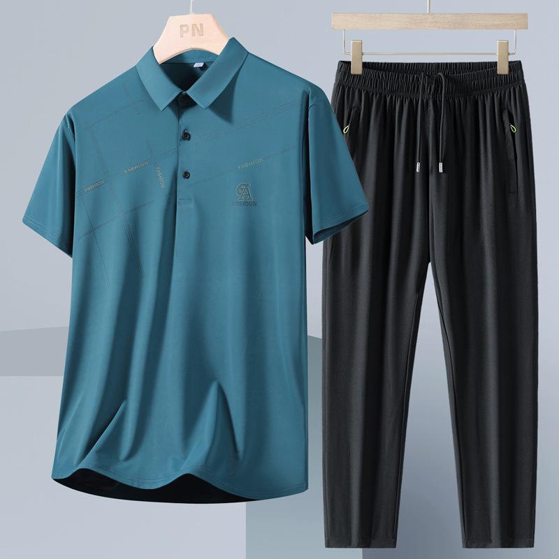 Verano, traje de hombre de seda de hielo, polo de manga corta para hombres de mediana edad, ropa de papá, ropa de negocios, pantalones casuales de secado rápido, dos piezas.