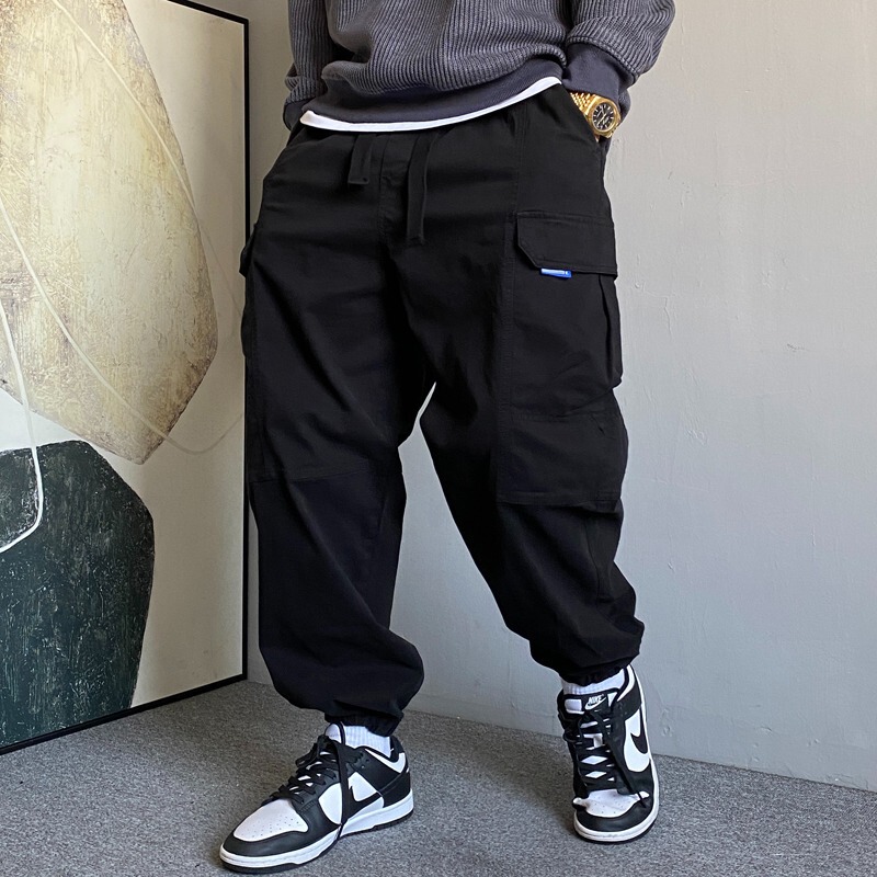 2025 Foreign Trade American Casual Trendy Black Large Pocket Crane Pants Men's Loose All-match High Street Trendy Pants
