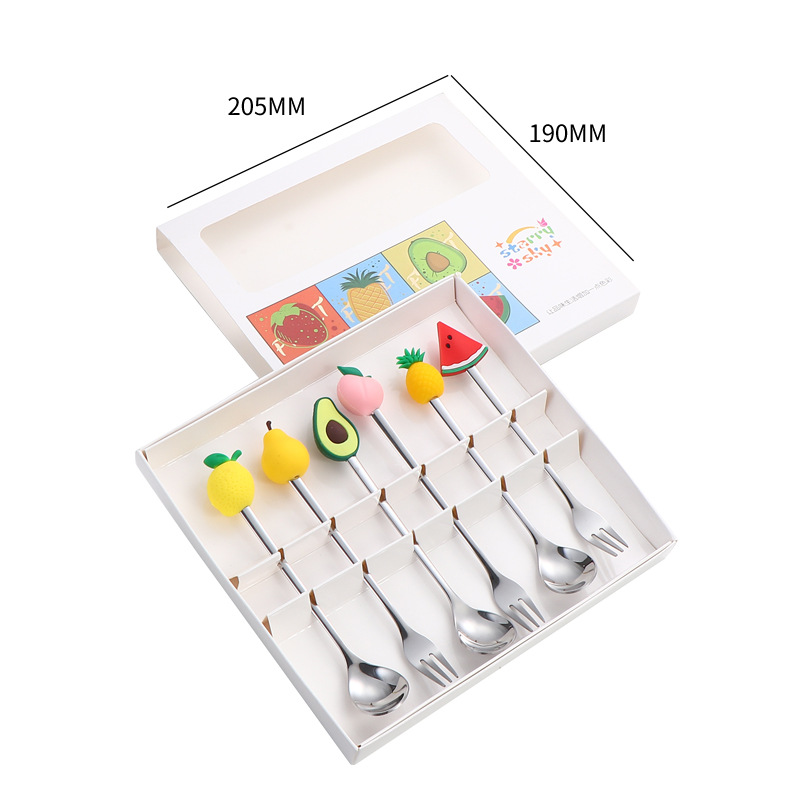 Productos transfronterizos 304 cucharas de acero inoxidable, cucharas de café, patrón de fruta, pastel, postre, cucharas y tenedores, set de regalo