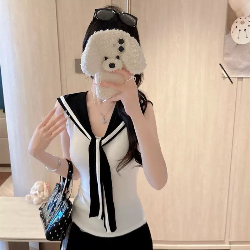 Purely Sexy and Sweet Style Navy Collar Tie-Up Sleeveless Vest for Petite Women, Slim Fit, Flattering, with Chest Pads, Beautiful Back Design