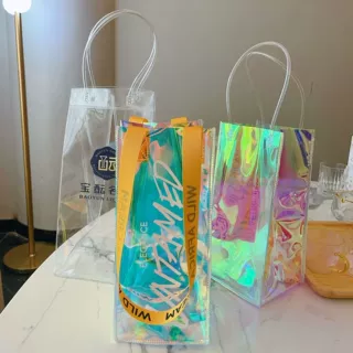 定制PVC红酒冰袋葡萄酒塑料镭射包装袋礼品透明手提袋跨境热销