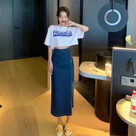 夏季新款韩版时尚洋气网红轻熟风印花T恤+开衩牛仔半身裙两件套女