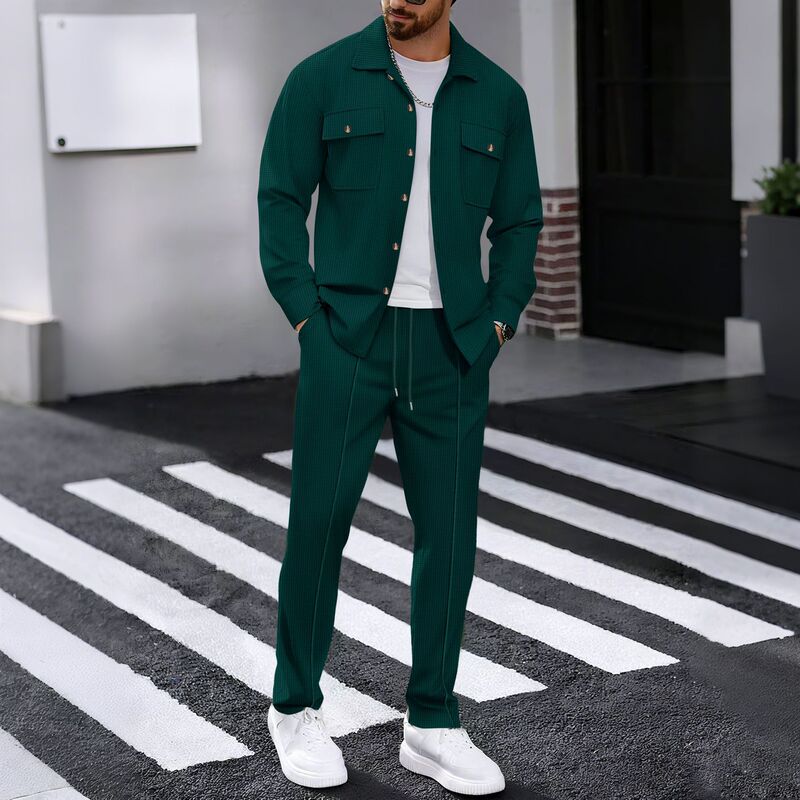Cross-Border European and American Autumn New Waffle Knit Long-Sleeve Long-Pants Two-Piece Set Solid Color Double-Pocket Cardigan Shirt Set Cross-Border European and American Autumn New Waffle Knit Long-Sleeve Long-Pants Two-Piece Set Solid Color Double-Pocket Cardigan Shirt Set