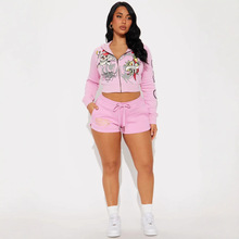 欧美潮牌街头骷髅爱心印花基础款拉链短开衫高腰直筒长裤两件套女