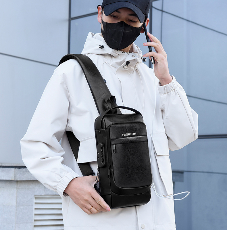 New men's chest bag, leather bag, crossbody bag, shoulder bag, sports mini backpack, multi-functional men's bag, combination lock, cross-border undefined