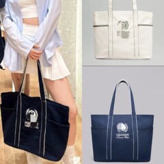 ルルバッグ 20L 刺繍トートバッグ トレンド マルチポケット キャンバス テニスバッグ ショルダー ハンドバッグ ネイビーブルー ホワイト