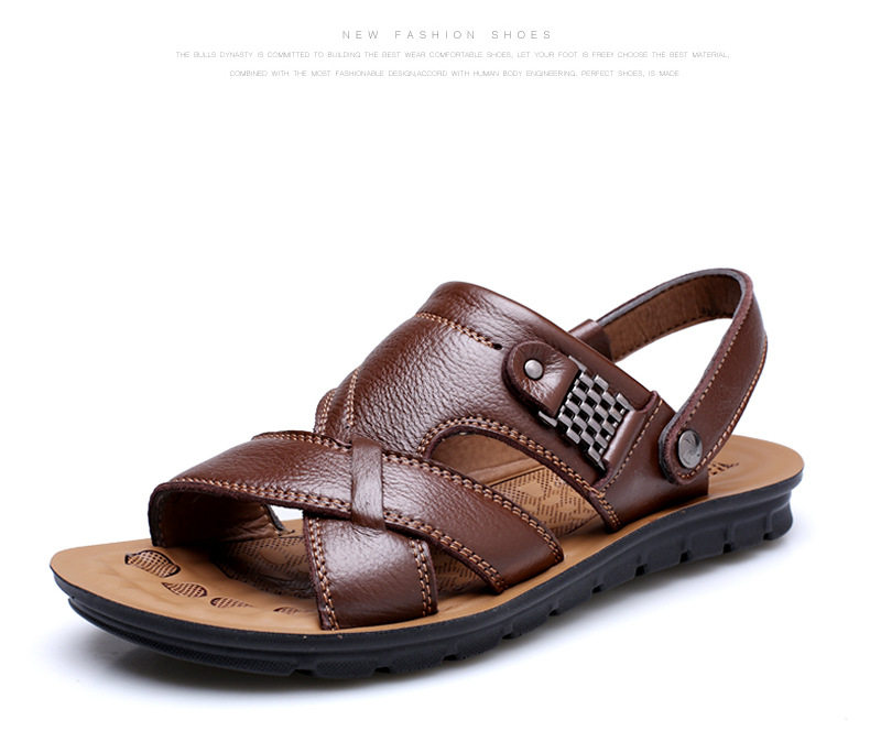 Dép sandal nam quai ngang hở ngón bằng da bò lớp đầu, đế polyurethane, kiểu đi biển size lớn — 12129 màu đen, 12129 vàng nâu, 13082 màu đen, 13082 vàng nâu chi tiết 30