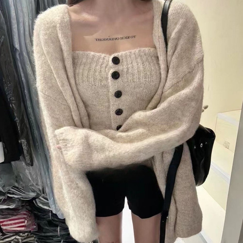 Sexy lace camisole sweater set for women, autumn and winter, high-end, gentle, soft and fluffy, lazy style