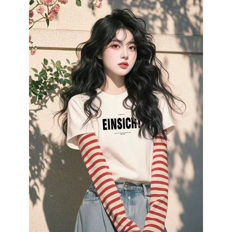 白色纯棉假两件条纹长袖T恤女2025秋季新款设计感宽松短款上衣|undefined