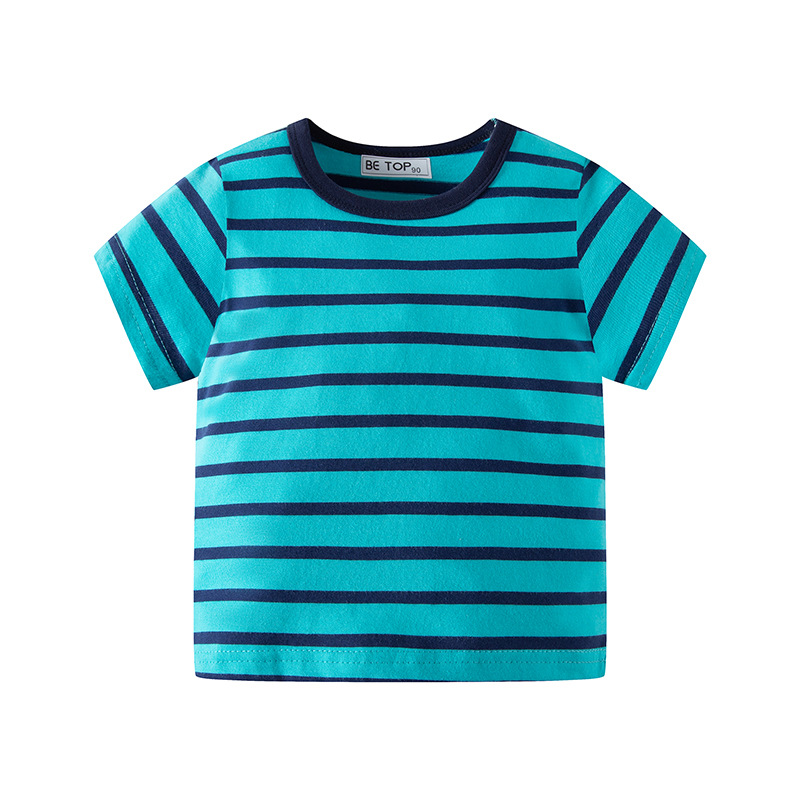 Camisetas de verano 2025 para niños, de algodón puro, informales, a rayas, con cuello redondo, transpirables, de manga corta, al por mayor.
