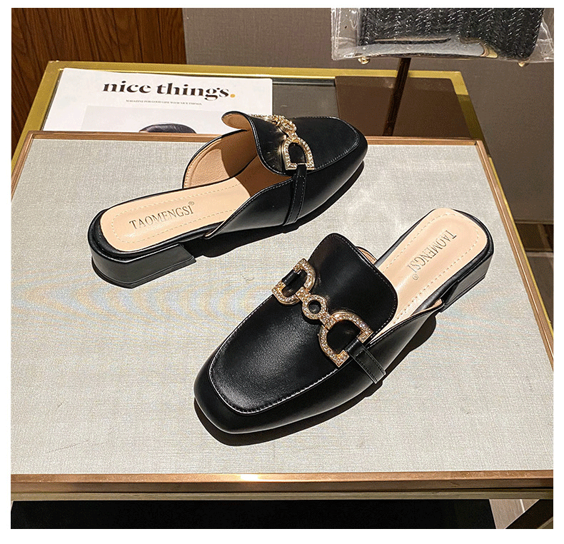 Dép sandal nữ bít mũi gót thô đính đá kim loại mũi ngang, kiểu lười nửa dép mùa hè — Màu mơ, Màu đen chi tiết 26