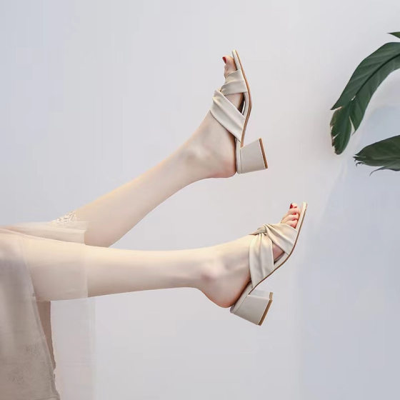2025 Summer New Mid-Heel Thick Heel Half Slippers Outer Wear Bow High-end Sense Sandals Fashion High Heel Slippers