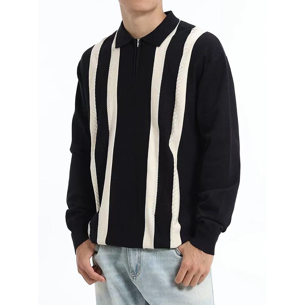 Polo camisa de punto camisa de manga larga suéter hombre solapa media cremallera vieja primavera y otoño rayas fábrica transfronteriza al por mayor