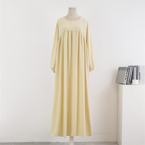 Round-neck, loose-fit, plus-size long-sleeved solid-color pullover robe skirt—spring and autumn knee-length dress