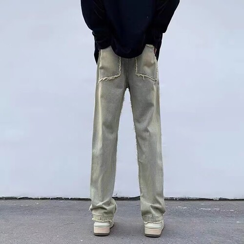 Vibe American streetwear pants, trendy brand, cool and stylish, hitting the streets, retro vintage, frayed edge, patchwork, workwear jeans