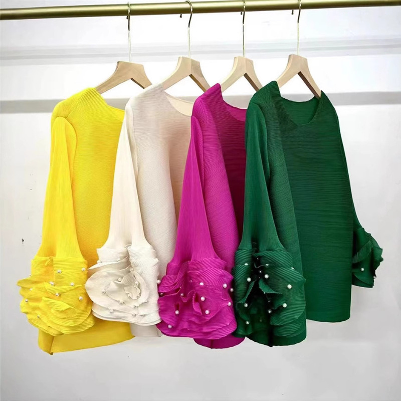 2025 Spring and Summer New Pleated Tops for Women, Beaded Three-Quarter Sleeves, Round Neck T-Shirts, Loose Casual Pleated Clothes Export