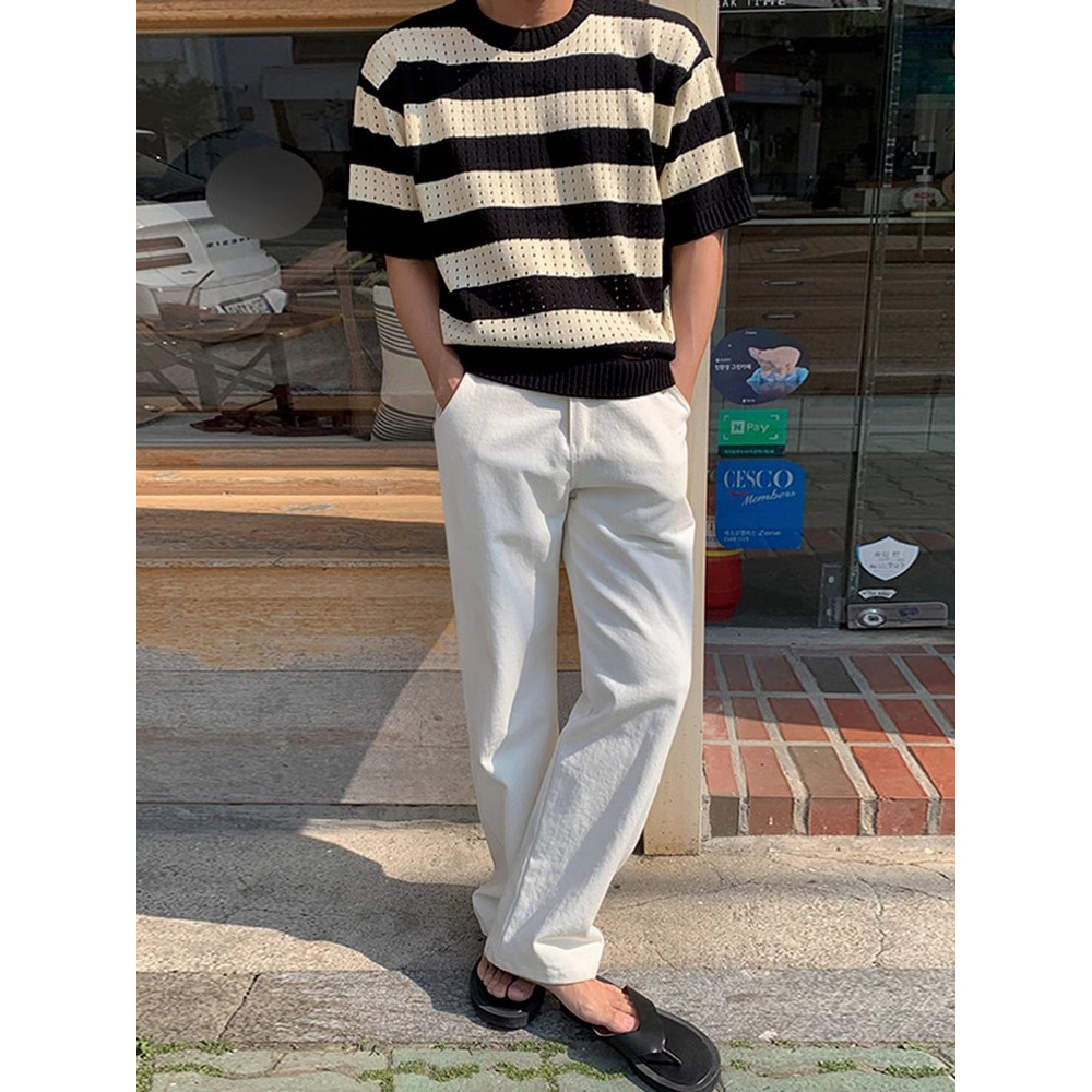 Verano nuevo estilo suéter de manga corta hueco rayas para hombres camiseta casual de negocios delgada de alto nivel comercio exterior al por mayor transfronterizo