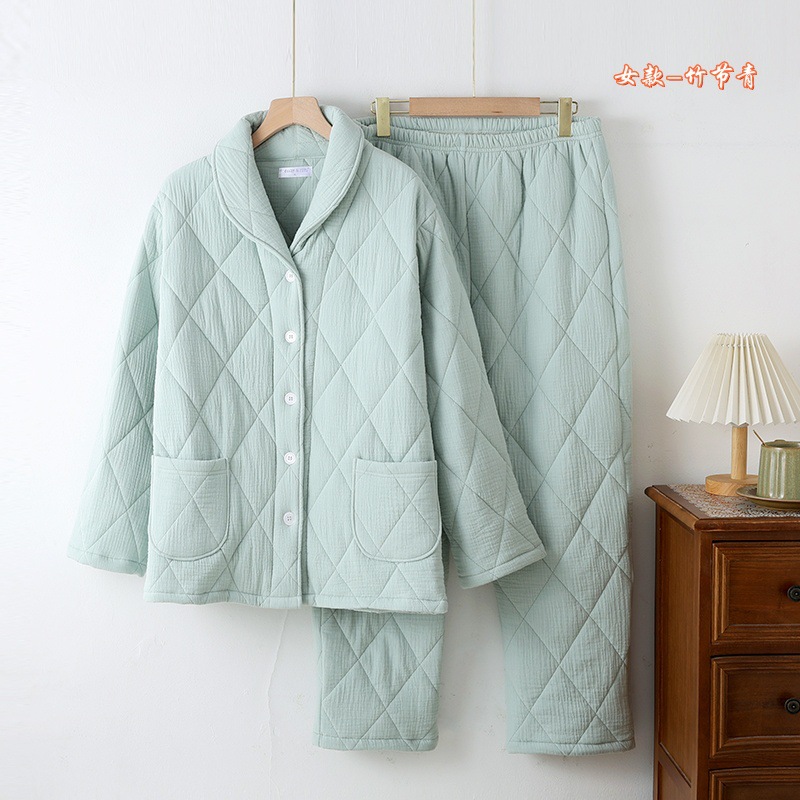 가을, 겨울 남성과 여성의 따뜻한 두꺼운 면 가디건 녹색 과일 칼라 버튼 잠옷 홈웨어 세트