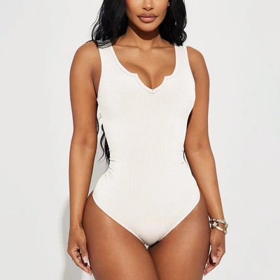 2023 Europe and America Cross border summer new pattern Women's wear Cotton Thread sexy Self cultivation V-neck vest one-piece garment