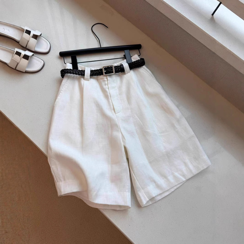 Women's Exquisite Old Money Style Linen Elastic High-Waisted Shorts with Woven Belt, Slimming White Casual Summer Shorts