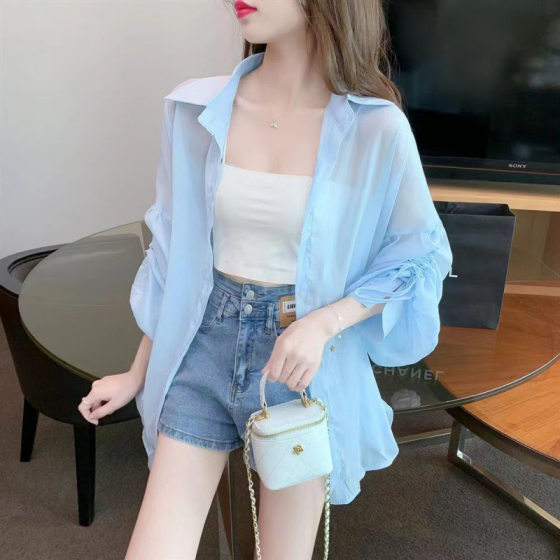 Chiffon Sunscreen Shirt Women's 2025 Summer New Design Sense Niche Thin Loose Fashion Drawstring Long Sleeve