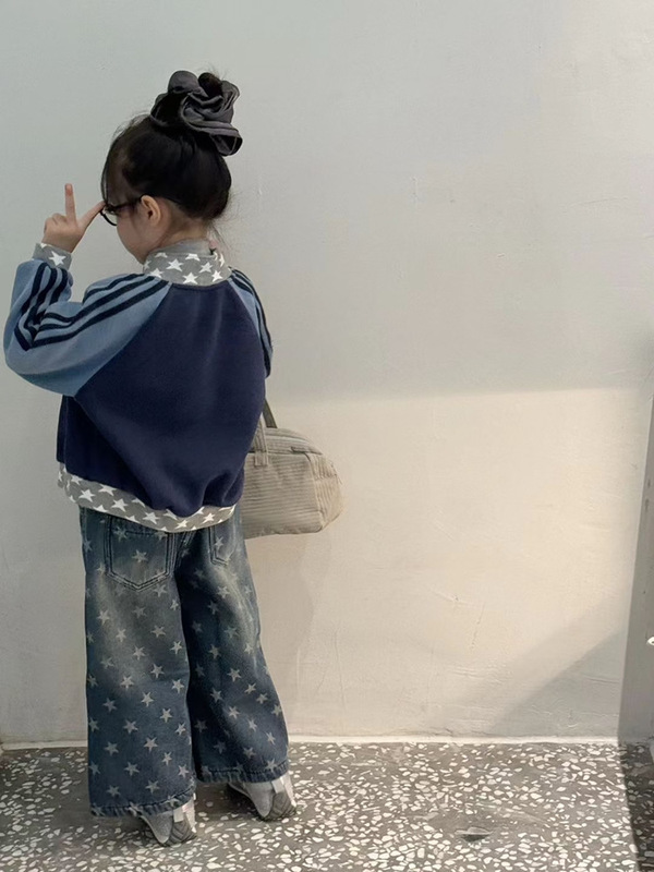 女童2025秋季新款印花长袖加绒外套花边打底衫加绒牛仔裤三件套潮|undefined