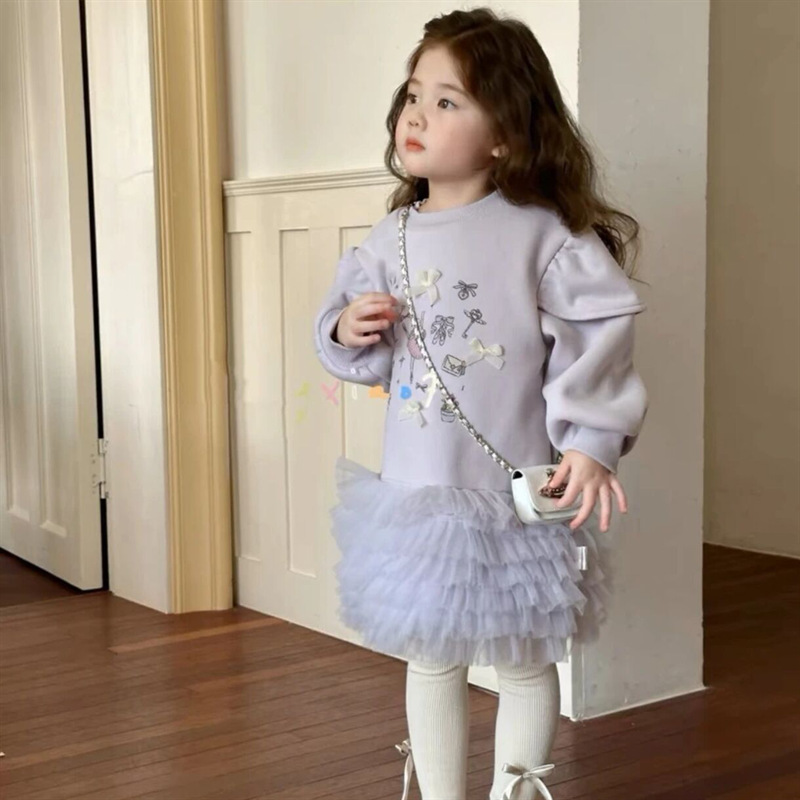 ¡El ballet morado! Niñas coreanas de dibujos animados de encaje de malla camiseta de lana