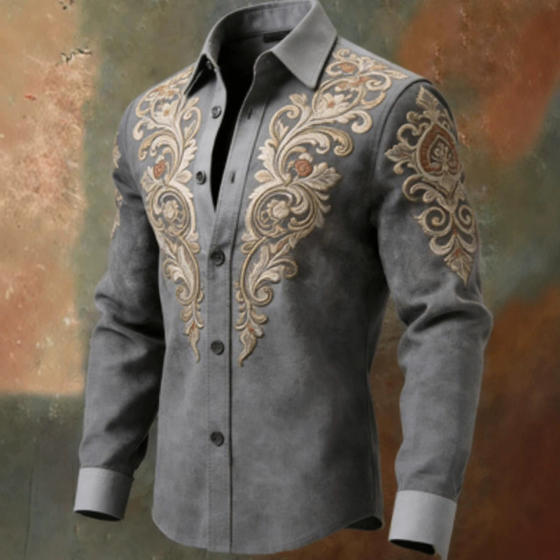 European and American Western Retro Gray Floral Embroidered Long-Sleeve Shirt for Men, Denim Style Shirt, One-Piece Wholesale European and American Western Retro Gray Floral Embroidered Long-Sleeve Shirt for Men, Denim Style Shirt, One-Piece Wholesale