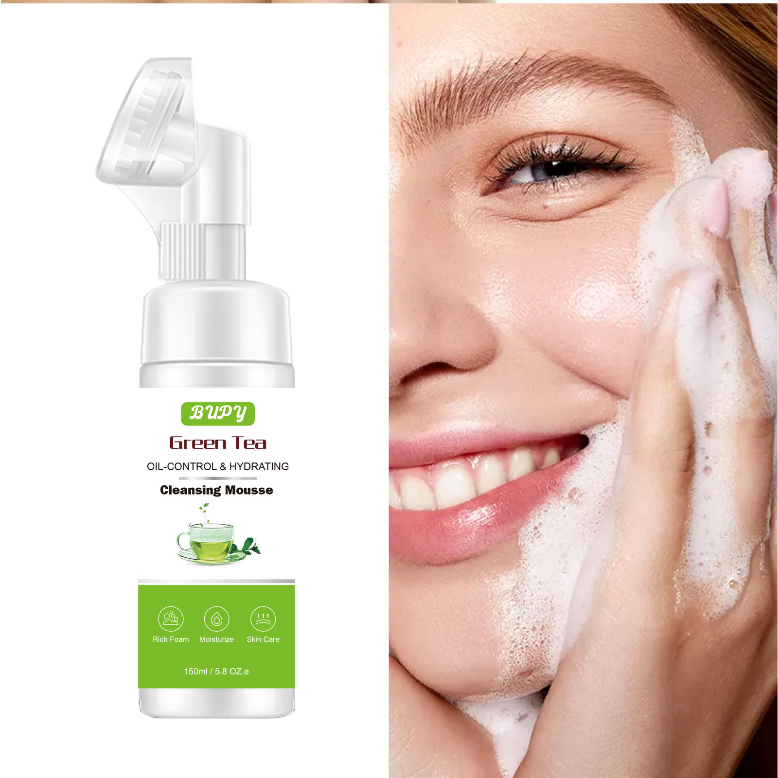 Tea BUPY Green Cleansing Mousse Mild foam Wash and Unload Two in One Amino Acid Facial Cleanser New Product              Amo_voghion.com