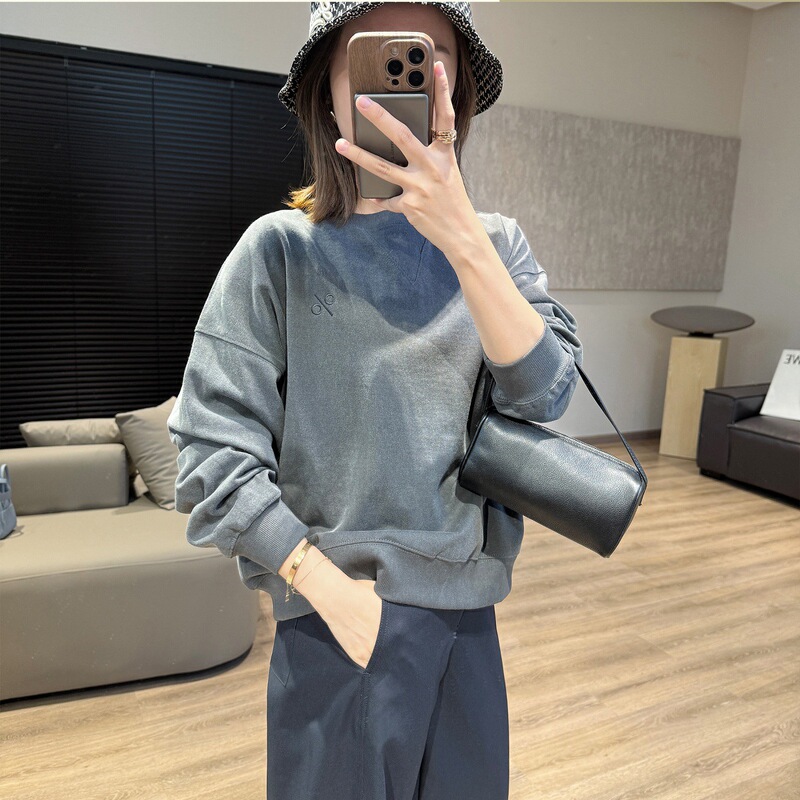 灰紫色做旧砂洗毛圈棉卫衣简约刺绣圆领套头宽松显瘦遮肉休闲上衣|undefined