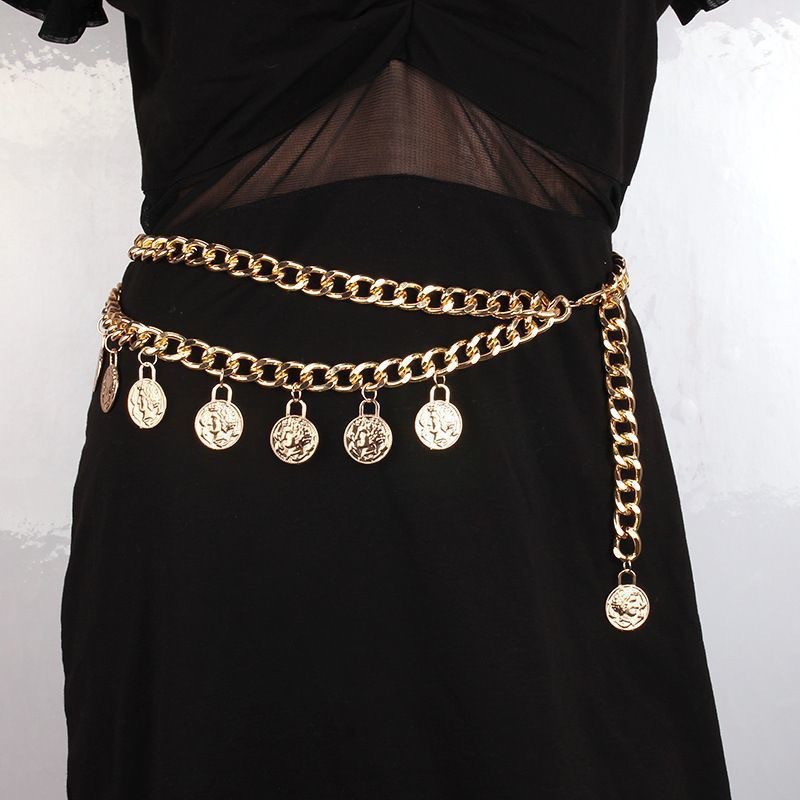 European and American cross-border bestseller: Vintage coin pendant tassel waist chain for women, sexy double-layered beauty head embossed body chain