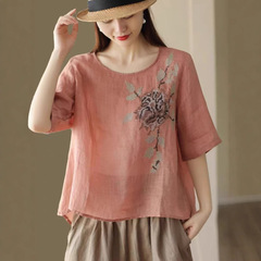 夏の新型文芸復古刺繍綿麻半袖tシャツ女性夏のゆるい丸首がやせて見える上着