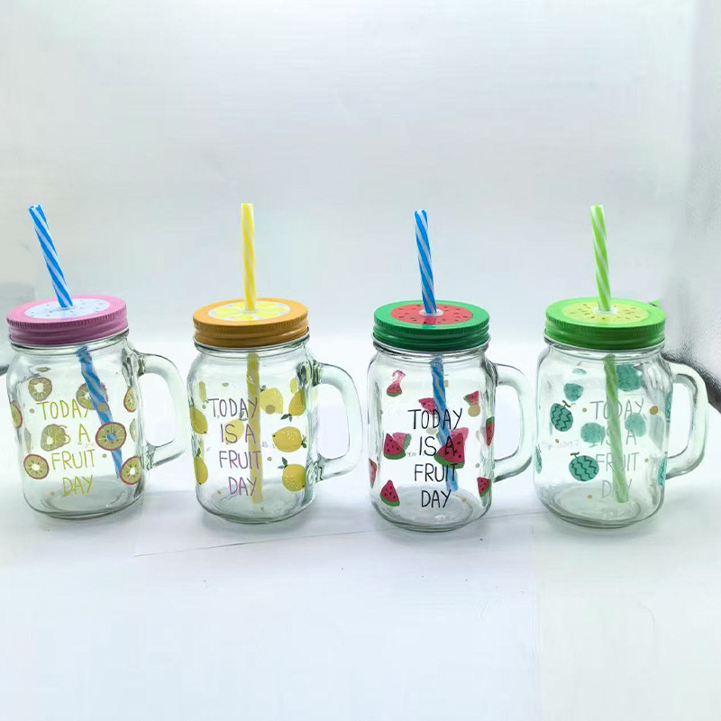 Tazas Mason con mangas de paja tazas de jugo creativas tazas de agua de vidrio de arena de color gradiente