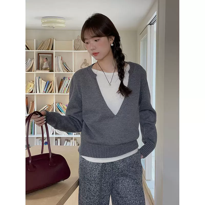 【LP 少女感老钱】歌铭撞色假两件毛衣2025冬季新款宽松上衣J691B