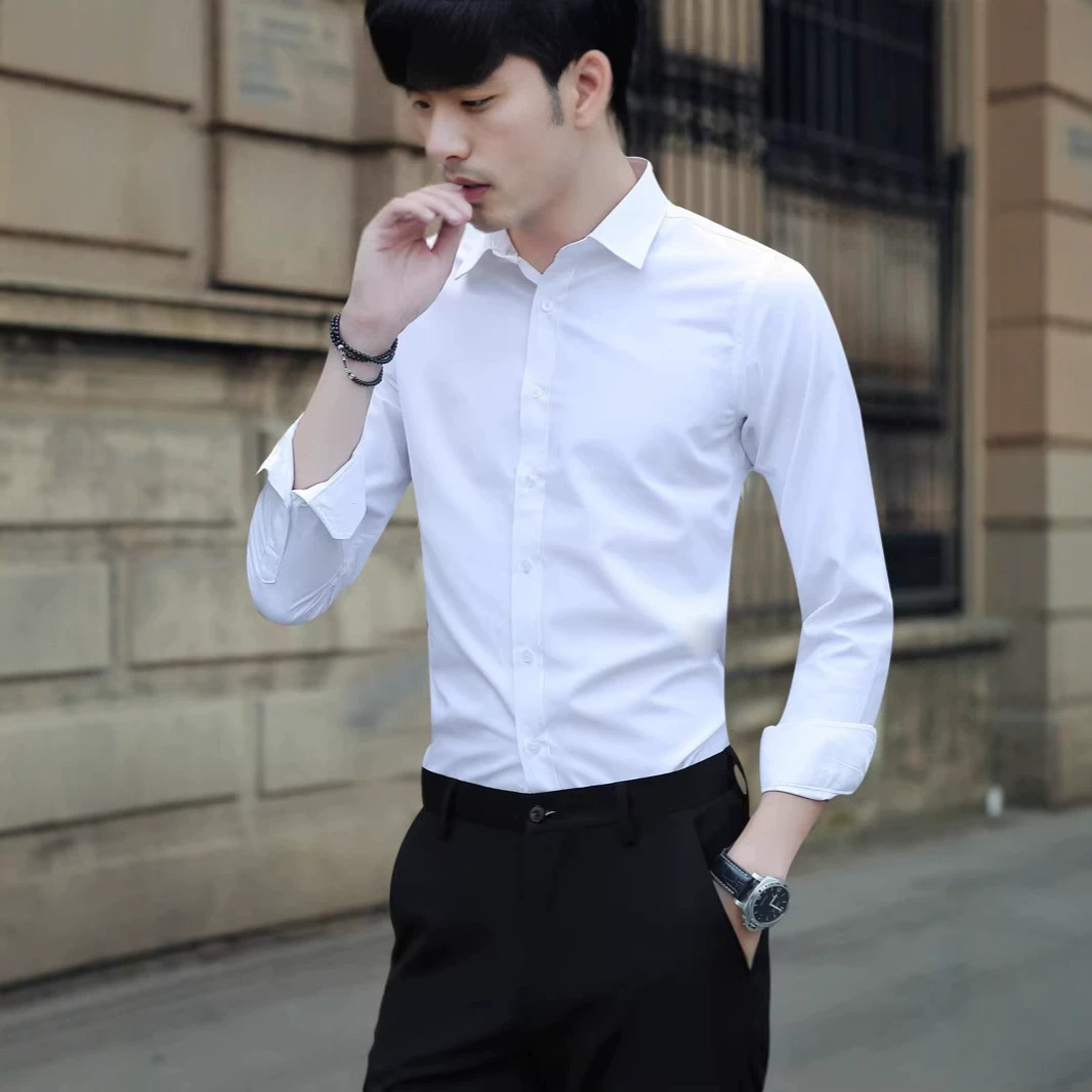 White Long-Sleeved Shirt for Men, Trendy for All Seasons, Suitable for Work, Business, Slim Fit, Korean Style, Stylish, Professional Formal Wear, Exclusively for Export