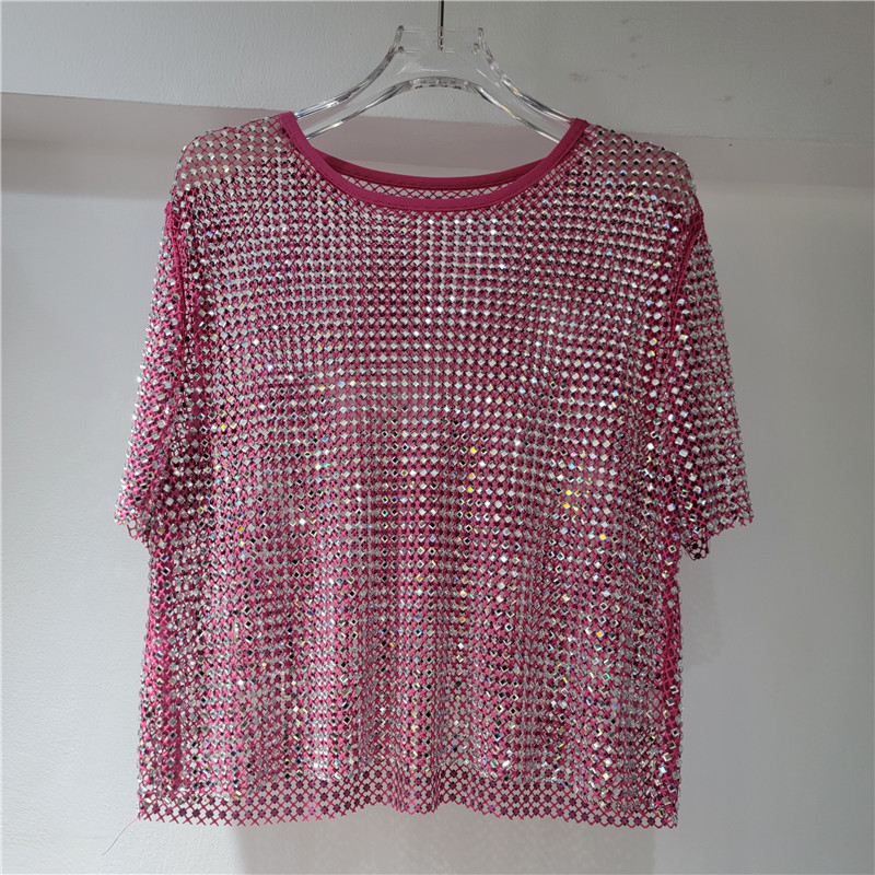El nuevo producto europeo, la industria pesada, el diamante en caliente, la sensación de frío, el diamante estrellado, el cuello redondo, la blusa de manga corta, la camiseta transparente hueca image 9
