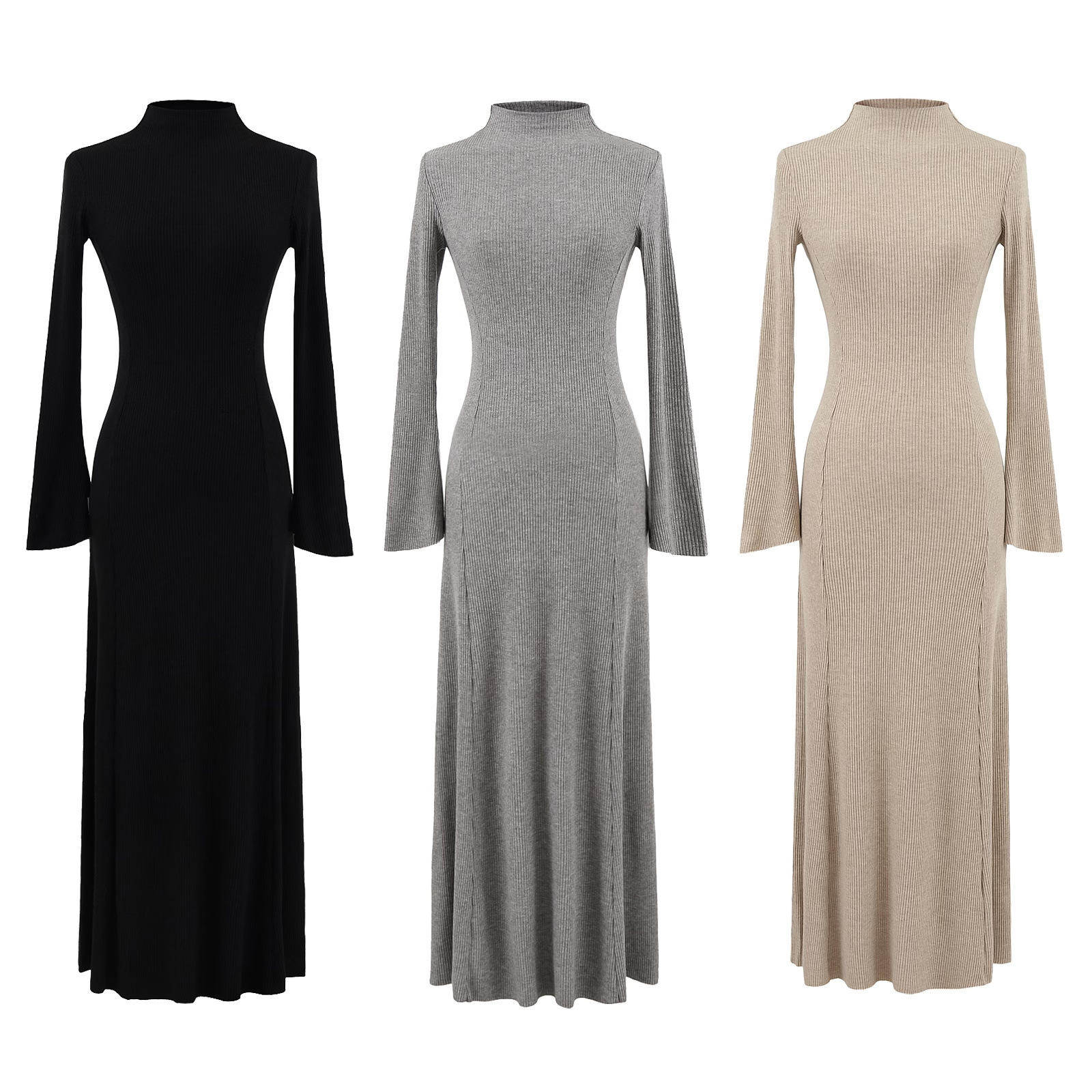 ​​Flared Sleeve Mock Neck Knit Dress – Slim Waist A-Line Mini/Midi Dress (Black/Grey/Khaki, S-L)​​_ecoleips.com