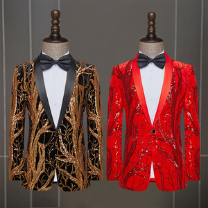 Red gold Sequined jazz dance costumes for men wedding party dress suit singers band party stage groomsman suit show host bars dj ds nightclubs coats for man